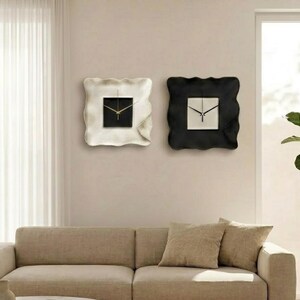 Modern Square Statement Wall Clocks – Black & White Wavy Design, Silent Minimalist 3D Accent