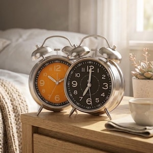 Puede incluir: Dos despertadores retro con marcos de metal plateado. Uno tiene una esfera naranja con números negros, el otro una esfera negra con números blancos. Ambos tienen campanas plateadas y están sobre una mesita de noche de madera. Diámetro aproximado de 10 cm.