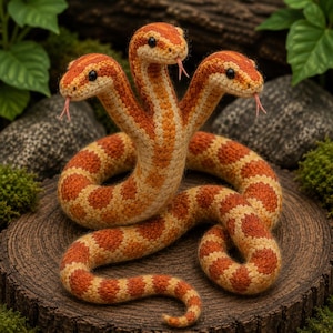 Three Headed Corn Snake Needle Felted Sculpture, Handmade  Snake Decor, OOAK Felt Corn Snake, Gothic Desk Ornament, Mythical Serpent Gift