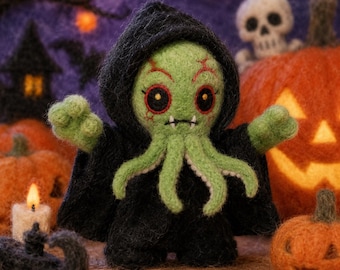 Muñeco adorable de Cthulhu hecho de fieltro de aguja, criatura lovecraftiana de fieltro de lana, decoración gótica de escritorio para Halloween, figura de peluche adorable y espeluznante, regalo de terror para jugadores.