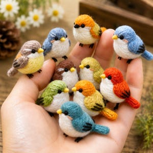 Puede incluir: Una colección de diez pequeñas figuras de aves de lana fieltrada, redondas y de varios colores como azul, naranja, amarillo, verde y marrón. Cada ave tiene el vientre blanco, ojos de cuentas negras, un pico pequeño y alas bordadas.