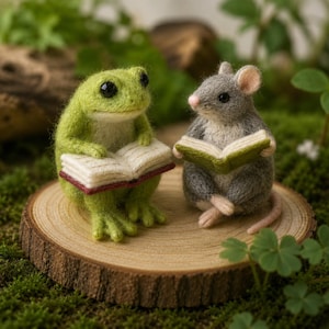 May include: A felt frog and mouse, both reading books, are shown on a wooden slice. The frog is green, and the mouse is grey. The books have white pages and red and green covers. The background features moss and foliage, creating a natural setting.