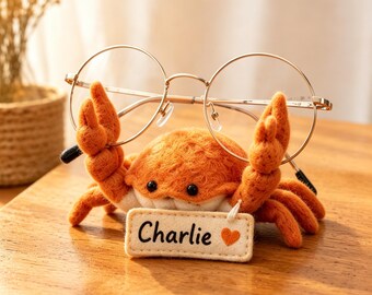 Personalisierter Filz Krabbe Brillenhalter, Handgefertigter Wollfilz Krabbe Brillenständer, Benutzerdefinierte Name Brille Display, Geschenk für Sie / Ihn