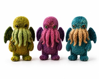 Handgjord nåltovad Cthulhu-monsterplysch, gotisk Lovecraft-varelse, söt Eldritch-skräckdocka, fantasy-skrivbordsdekoration