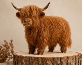 Handmade Highland Cow Needle Felted Animal, Cute Highland Cattle Wool Sculpture, Scottish Cow Figurine, Farmhouse Decor Gift