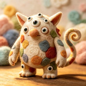 May include: A whimsical, handmade felt monster with multiple eyes and colorful polka dots. The creature has a cream-colored body, orange ears, and a curled tail. Its design is playful and unique, perfect for a child's room or as a decorative item.