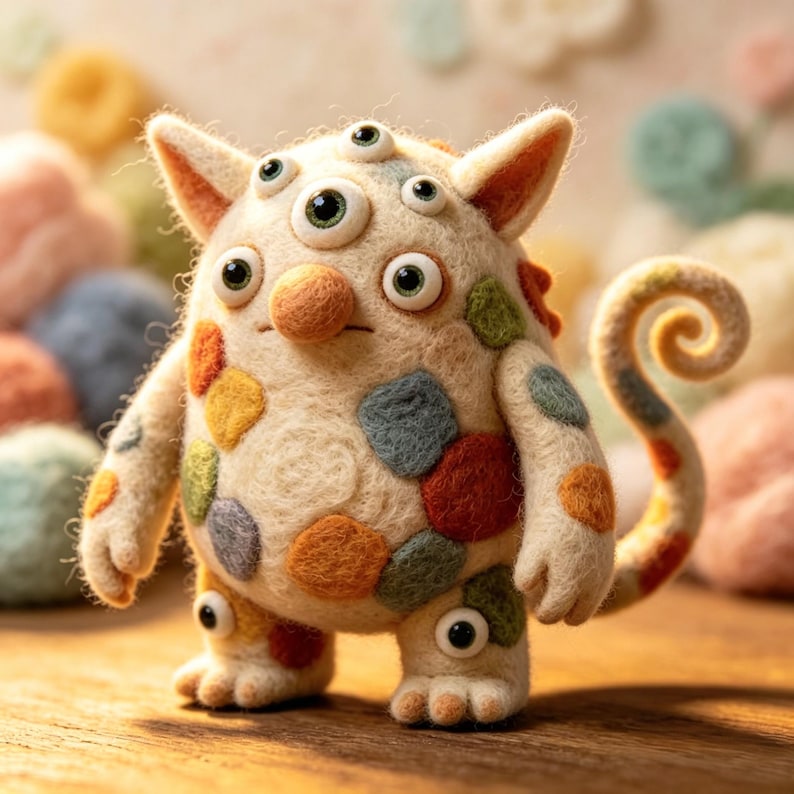 May include: A whimsical, handmade felt monster with multiple eyes and colorful polka dots. The creature has a cream-colored body, orange ears, and a curled tail. Its design is playful and unique, perfect for a child's room or as a decorative item.