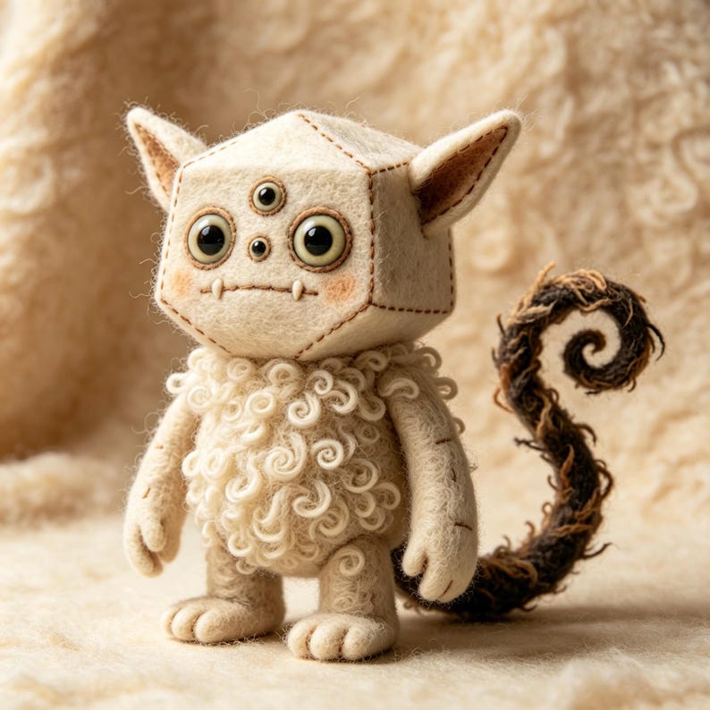 May include: A handmade felt creature with a geometric head, three eyes, and a curly tail. The plush toy has a cream-colored body with brown stitching and accents. Its chest is adorned with curly wool, and it has small arms and feet.