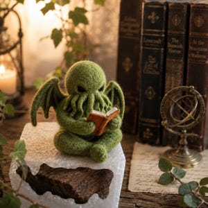 May include: A green crocheted Cthulhu figure with wings, reading a small orange book. The figure is seated on a white stone, with antique books and a brass globe in the background. The figure has black eyes and tentacles.