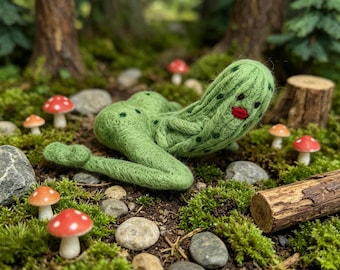 Creepy Cute Pickle Creature Needle Felted Art Doll | Weird Handmade Monster Plush | 3 Inch Goblincore Fantasy Decor