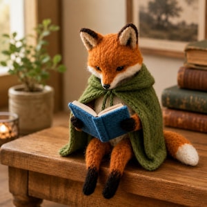 May include: A needle-felted fox figurine with orange and white fur, wearing a textured olive green hooded cloak. The fox is sitting and holding a small, open blue book with white pages between its paws. The fox has black-tipped ears and paws.
