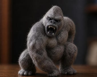Handmade Gorilla Needle Felted Figure, Wool Ape Sculpture, Fantasy Gorilla Decor, Gothic Collectible Art Doll