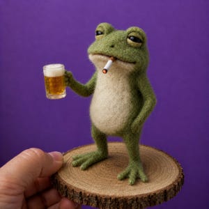 Könnte beinhalten: Eine nadelgefilzte grüne Froschfigur mit cremefarbenem Bauch, die auf einer runden Holzscheibe steht. Der Frosch hält einen Miniatur-Glaskrug mit bernsteinfarbener Flüssigkeit und hat einen zigarettenähnlichen Gegenstand im Mund.