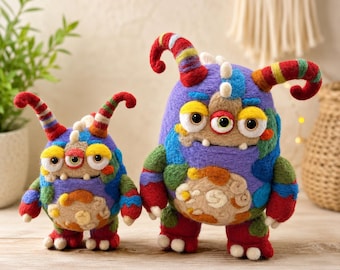 Peluche de monstruo hecho a mano con fieltro de aguja, linda criatura de fieltro de lana, figura de monstruo de fantasía, muñeca de arte colorida hecha con fieltro de aguja