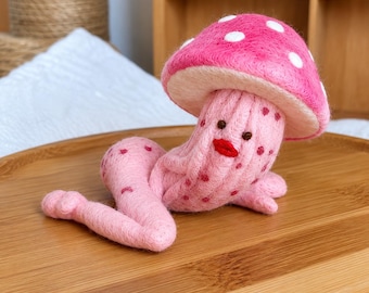 Needle Felted Mushroom Art Doll - Handmade Flirty Mushroom Figurine, Whimsical Cottagecore Home Decor,Funny Novelty Gift