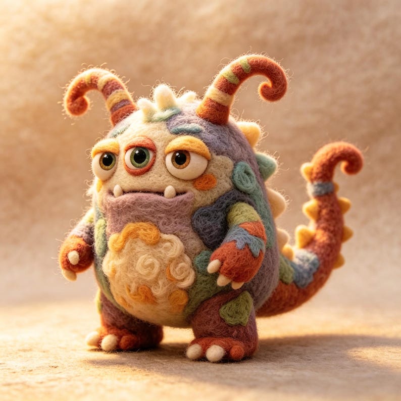 May include: A colorful, handmade felt monster with large eyes, horns, and a tail. The creature is primarily purple, orange, and green, with a whimsical design. It has a friendly, cartoonish appearance, perfect for a child's room or as a unique decorative item.