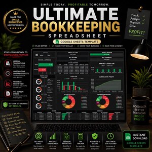 Puede incluir: Una computadora portátil muestra una plantilla de "ULTIMATE BOOKKEEPING SPREADSHEET". La pantalla muestra gráficos y datos financieros, con texto como "Beneficio", "Ingresos" y "Gastos". La imagen incluye un bloc de notas, un bolígrafo y una taza.