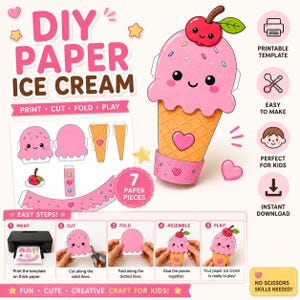 Printable DIY Paper Ice Cream Craft | Kawaii Papercraft Template for ...