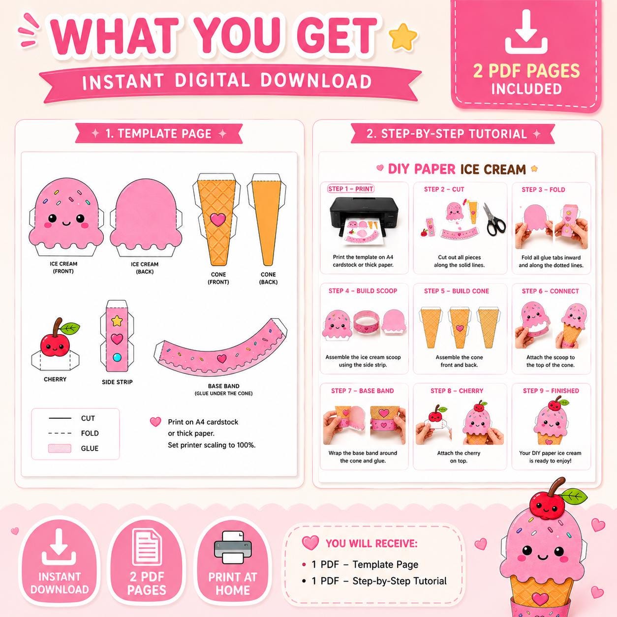Printable DIY Paper Ice Cream Craft | Kawaii Papercraft Template for ...
