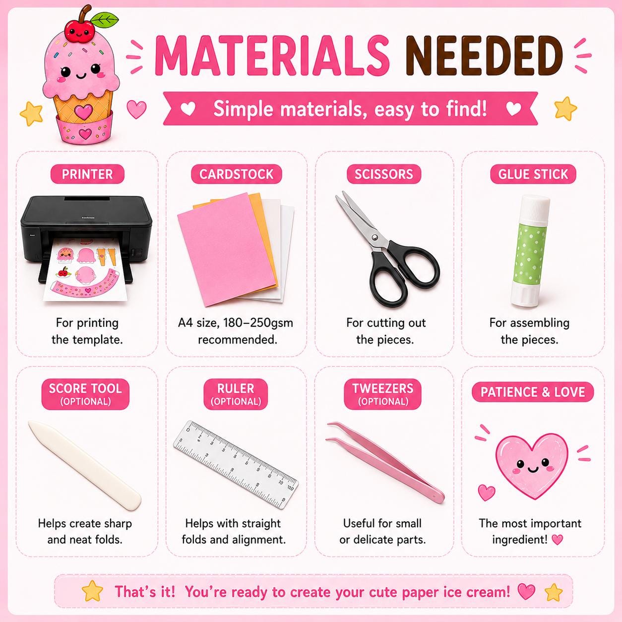 Printable DIY Paper Ice Cream Craft | Kawaii Papercraft Template for ...