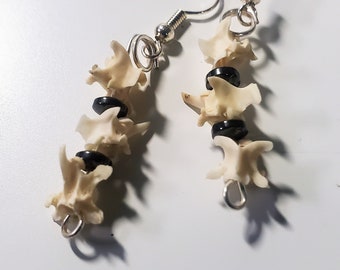 Rattlesnake Vertebrae and Hematite or Rainbow Glass Bead Drop Earrings, Real Snake Bone and Black Stone Iridescnet Dangle Earrings