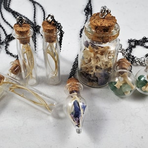18&quot; Curiosity Jar Necklace with Silver Chain; Real Bone Jar Jewelry with Rattlesnake Ribs and Vertebrae, Gift for Vulture Culture Fans