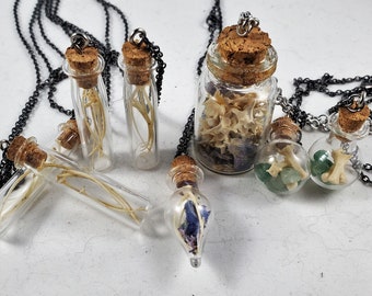 18" Curiosity Jar Necklace with Silver Chain; Real Bone Jar Jewelry with Rattlesnake Ribs and Vertebrae, Gift for Vulture Culture Fans