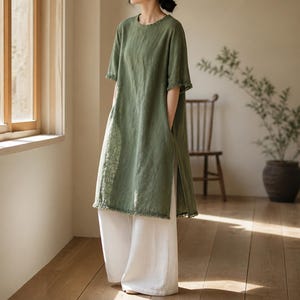 linen lagenlook dress CP SHADES 100% LINEN 3/4 SLEEVE MAXI Relaxed LAGENLOOK DRESS w/ Pockets Large