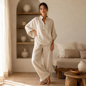 Handgefertigtes Leinen-Baumwoll-Sommerset für Damen, entspanntes Freizeithemd und Hose, atmungsaktives, locker sitzendes Urban-Outfit