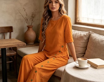 Women's Two-Piece Set: An Asymmetrical Button-Up Top Paired with High-Waisted, Slit Wide-Leg Pants—A Loose and Casual Summer Outfit