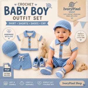 Crochet Baby Boy Outfit Pattern Set | Polo Shirt, Shorts, Cap & Shoes | PDF Download