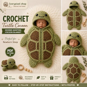 May include: A crochet turtle cocoon hooded bunting blanket pattern featuring a green and brown shell design with a front zipper. The document includes text such as Ivorypixel shop, Crochet Turtle Cocoon, PDF Pattern, and Beginner Friendly instructions.