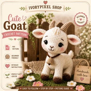 May include: A crochet pattern for a cute goat featuring a cream-coloured stuffed goat toy with brown hooves and a small bell around its neck. The text reads Ivorypixel Shop, Cute Goat Crochet Pattern, PDF Pattern, Beginner Friendly, Detailed Instructions, Perfect Gift & Decor, Easy to Follow, Step by Step, Picture Guide, and Handmade with love.