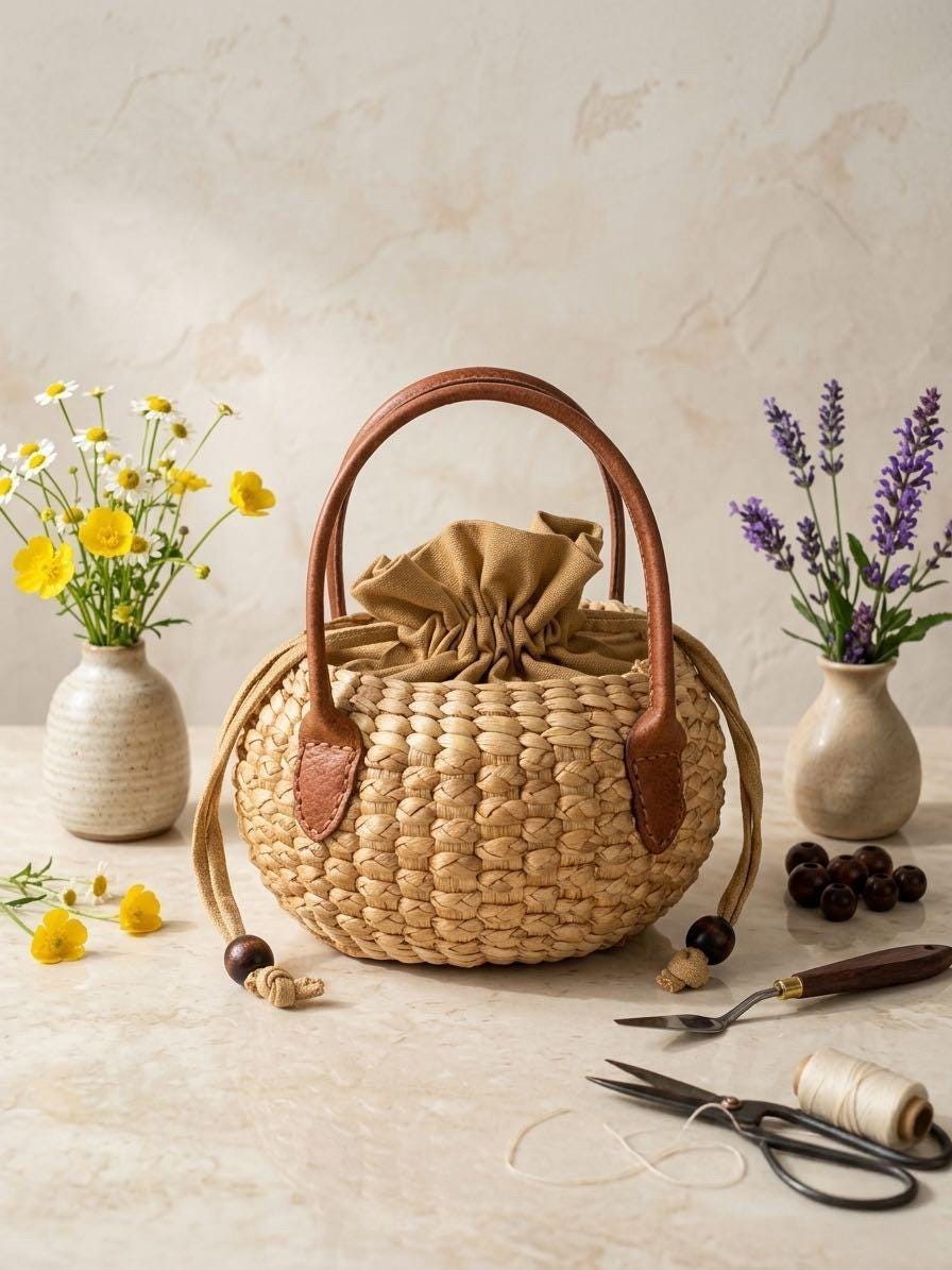 Mini Water Hyacinth Basket Bag, Handwoven Straw Bag With Canvas ...
