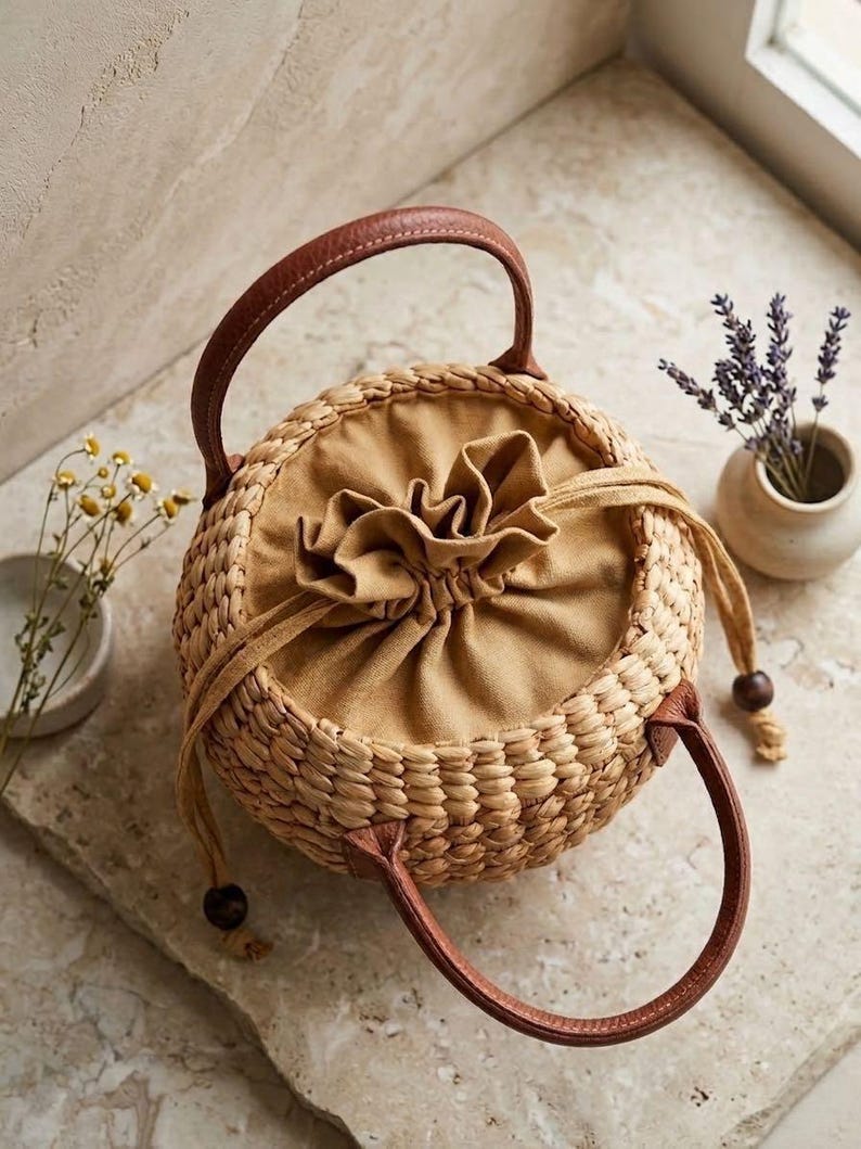 Mini Water Hyacinth Basket Bag, Handwoven Straw Bag With Canvas ...