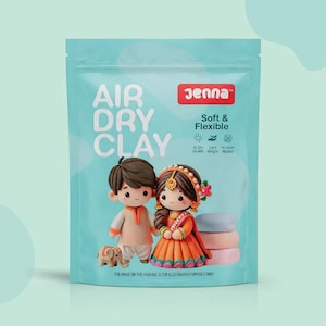 May include: A light blue pouch of Jenna brand air dry clay. The packaging features the text Air Dry Clay, Soft & Flexible, and icons for air dry, light weight, and no oven needed. It displays two clay figures and a small elephant figurine.