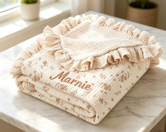 Newborn Gift, Personalized Floral Ruffle Baby Blanket, Custom Embroidered Name Soft Quilt