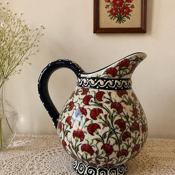 Handmade Turkish Ceramic Pitcher | Floral Pottery Ewer | Hand-Painted Decorative Jug | Traditional Turkish Vase | Cottagecore Decor
