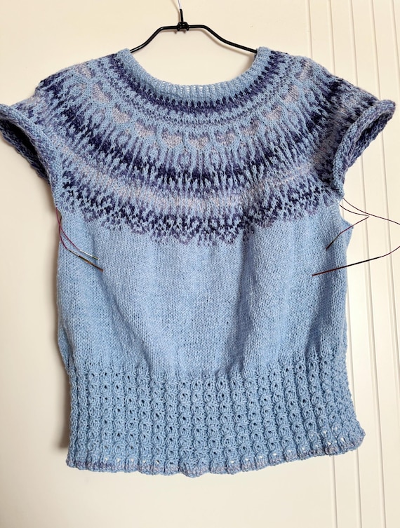 Blue Marble Blouse Knitting Pattern PDF | charts, cozy women's top, short sleeves (Instand Download)