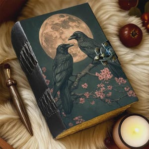 Könnte beinhalten: Ein ledergebundenes Notizbuch mit Vollmond und zwei schwarzen Raben auf einem blühenden Ast. Der Einband hat einen Metallverschluss. Ein Holzstift mit roter Quaste liegt neben dem Notizbuch.