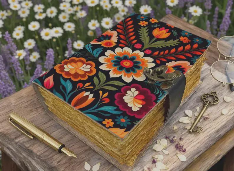 Handmade Floral Leather Journal with Lock, Vintage Deckle Edge Diary, Folk Art Notebook
