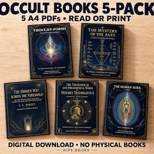 May include: A collection of five digital occult books in A4 PDF format. The titles include Thought-Forms, The Mystery of the Ages, The Hidden Way Across the Threshold, The Theological and Philosophical Works of Hermes Trismegistus, and The Human Aura.