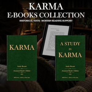 Könnte beinhalten: Eine digitale Sammlung mit dem Titel KARMA E-BOOKS COLLECTION, bestehend aus zwei grünen Büchern mit goldenem Text. Das linke Buch trägt den Titel KARMA von Annie Besant, 1895. Das rechte Buch heißt A STUDY IN KARMA von Annie Besant, 1912. Annotierte Ausgaben.