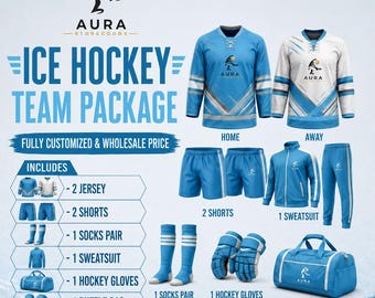 Custom Ice Hockey Team Package, Personalized Hockey Jerseys, Home Away Uniform Set, Hoodie, Shorts, Socks, Gloves, Duffle Bag