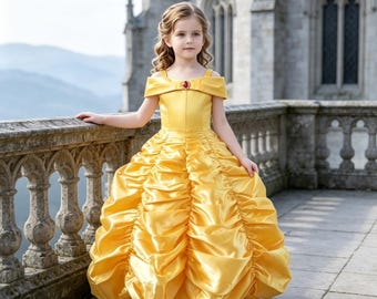 Girls Princess Belle Yellow Gown Costume, Disney Inspired Birthday Party Outfit, Kids Halloween Carnival Cosplay Belle Dress