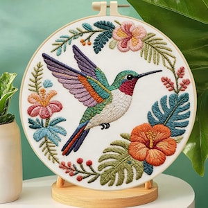 Nybörjarbroderikit med kolibri, 3D-konst med tropiska blommor, DIY-pyssel med fågelälskare