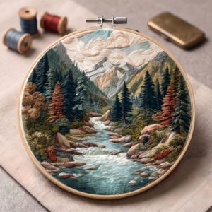Kit de bordado de paisajes 3D / Arte en bastidor de bosque de montaña, manualidad de naturaleza para principiantes (tutoriales en vídeo)
