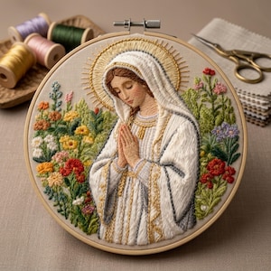 Pode incluir: Um bastidor de bordado circular contendo um retrato detalhado de uma figura com as mãos postas em oração, vestindo um véu e uma túnica brancos com detalhes dourados, rodeada por um jardim vibrante de flores bordadas coloridas.