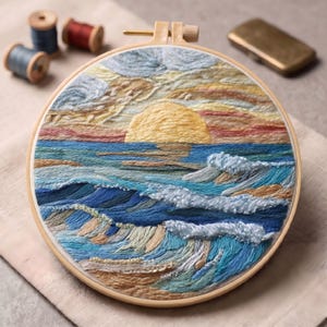 Könnte beinhalten: Ein runder Stickrahmen mit einem Stoffeinsatz, der eine handgestickte Landschaftsszene zeigt. Das Motiv besteht aus einer strukturierten gelben Sonne, die über einem unruhigen Ozean mit blauen, türkisfarbenen und weißen Wellen unter Wolken untergeht.
