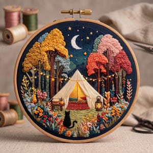 May include: A circular embroidery hoop featuring a night scene with a white tent, a black cat, and colorful trees in yellow, orange, and pink. The dark blue fabric background includes a crescent moon, stars, and a string of lights draped across the trees.